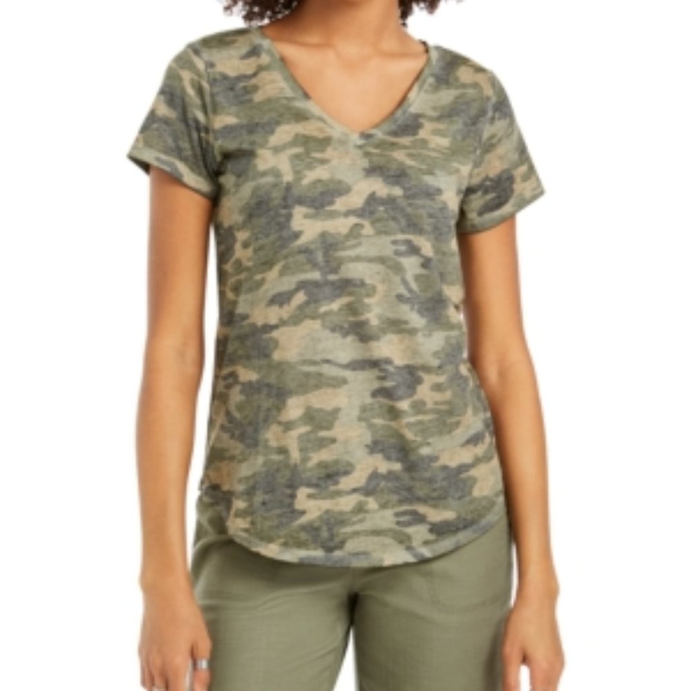 Style&Co Oceana Camo Cap Sleeve V-Neck Knit Women’s Small T-Shirt NWT